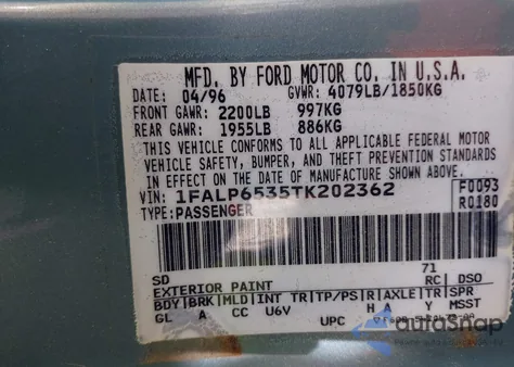 1996 Ford Contour Gl/Sport z USA, uszkodzony, nr VIN 1FALP6535TK202362